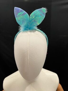 Iridescent Teal Bunny Ear Headband with Feather Accent